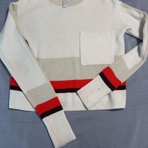 Athleta Cream Knit Crew Sweater with Red and Burgundy Stripes